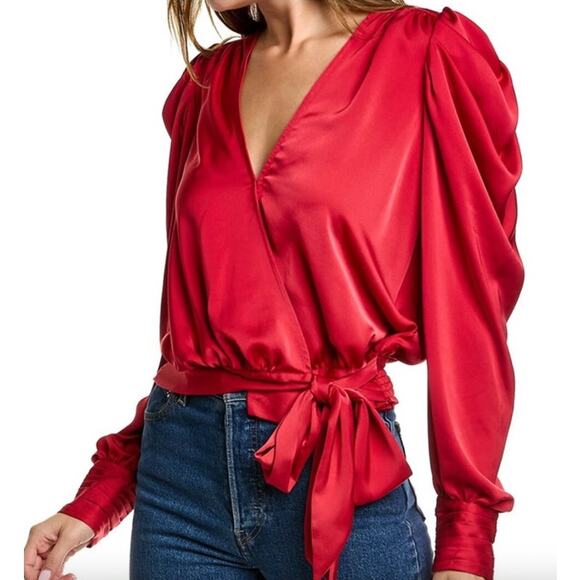 RAMY BROOK Top NEW Size S Pauline Puff Sleeve Wrap Blouse Red $375 - Picture 1 of 4